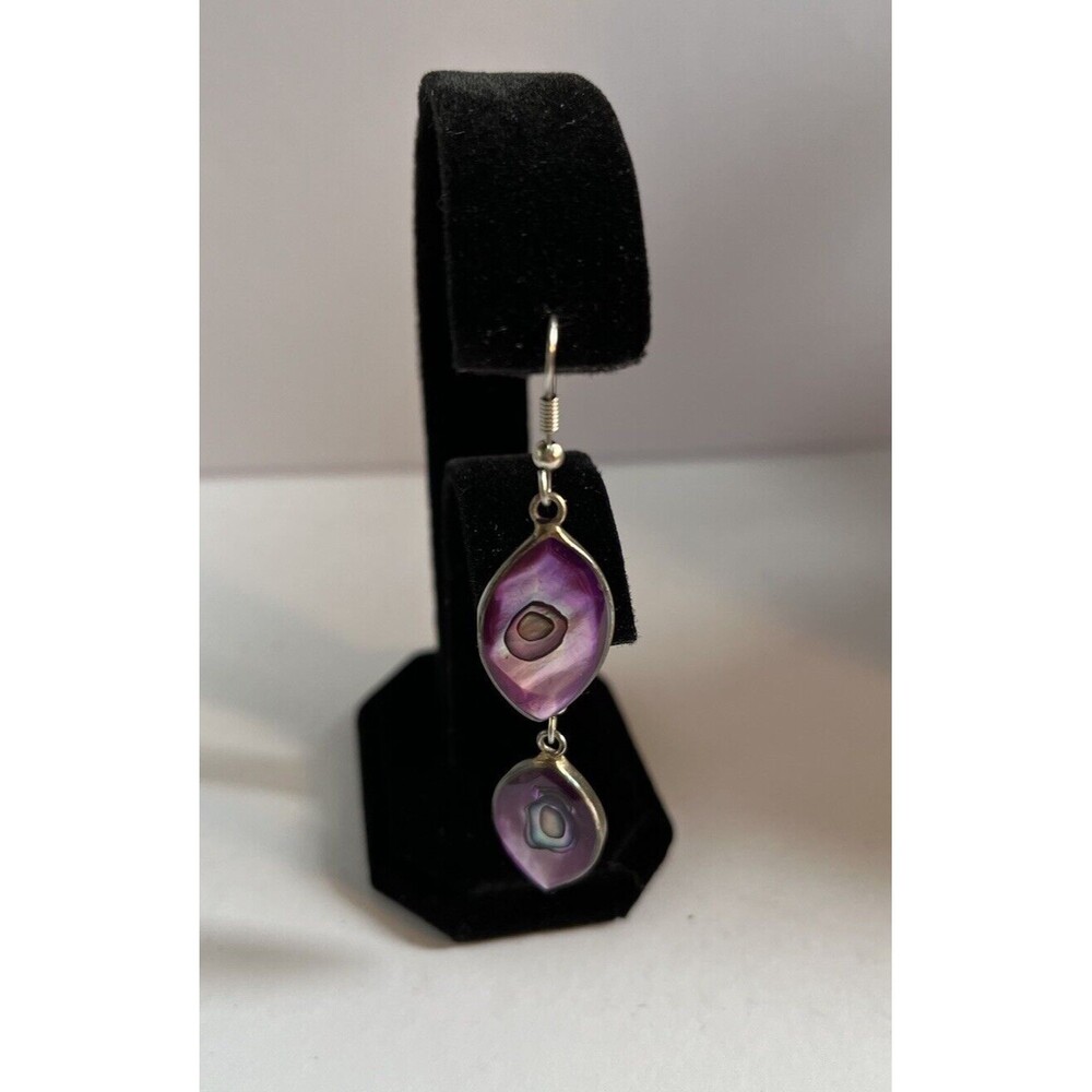 Vintage Purple Abalone Teardrop Dangle Pierced Earrings Silver Tone